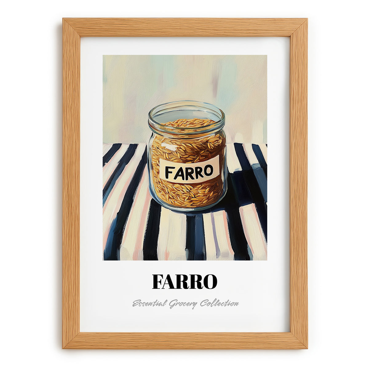 Farro – on Striped Tablecloth, Pantry Wall Decor, set in oak frame