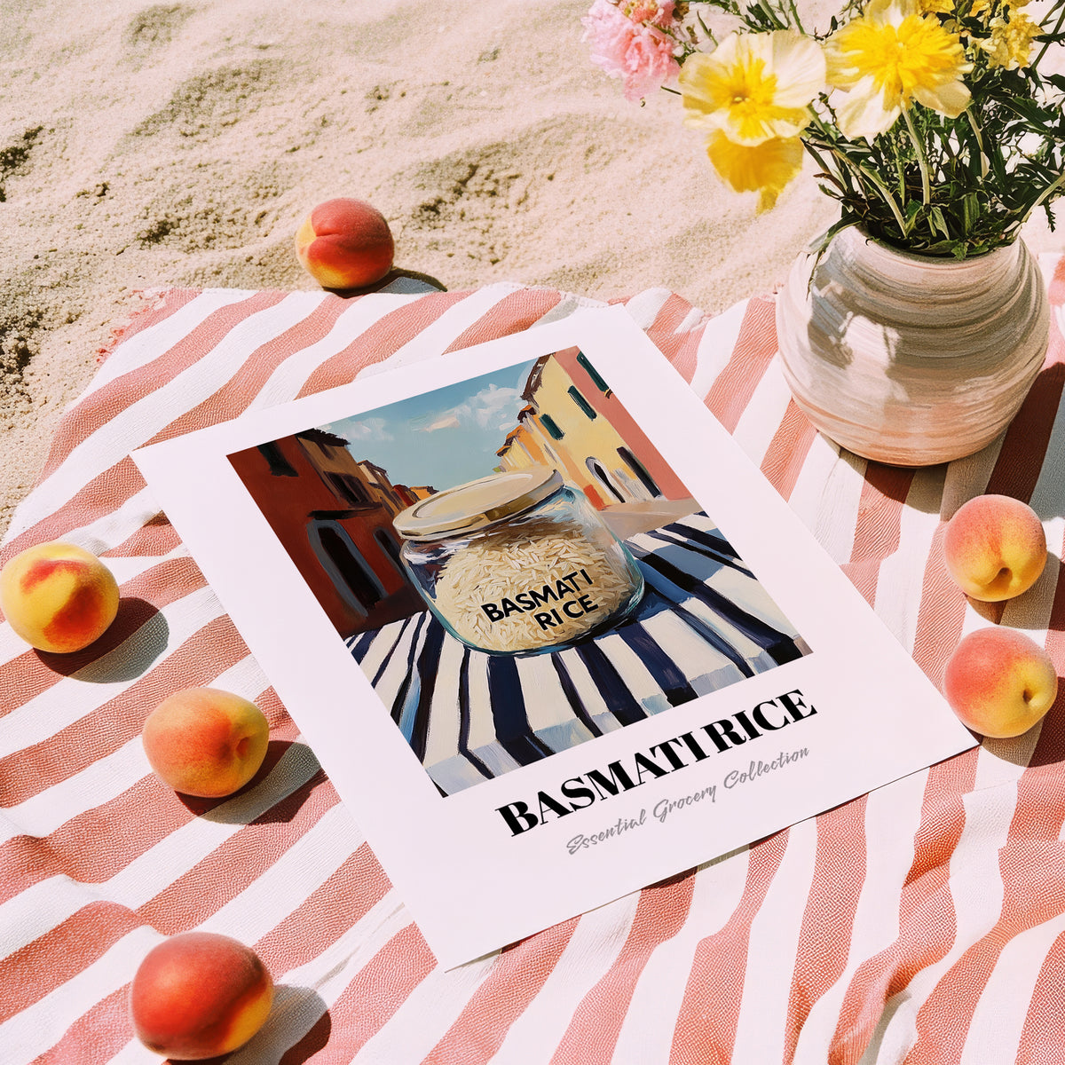 Basmati Rice – Italian Street Café Scene, Pantry Wall Decor, unframed on coastal sand