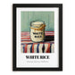 White Rice – on Striped Tablecloth, Food Stash Art, in sleek black frame