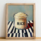 Rice – on Striped Tablecloth, Kitchen Storage Wall Decor, no-text version framed in wood