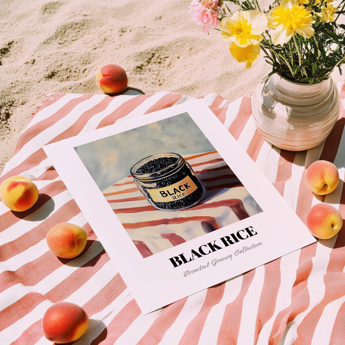 Black Rice – on Striped Tablecloth, Pantry Painting, unframed on coastal sand