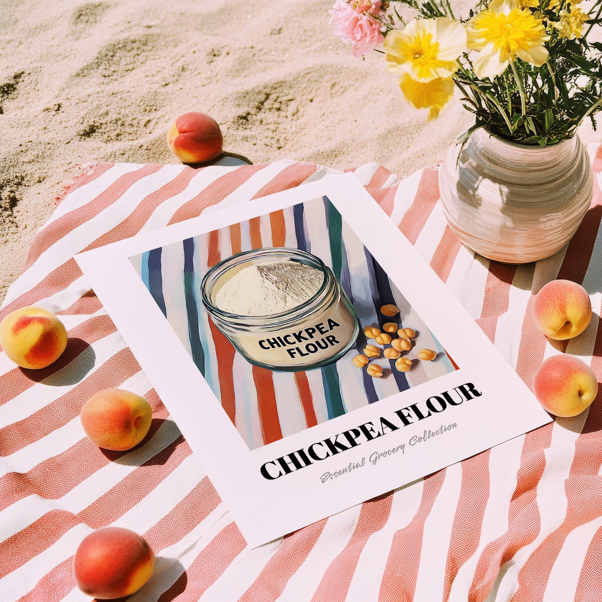 Chickpea Flour – on Striped Tablecloth, Dough Still Life, unframed on coastal sand