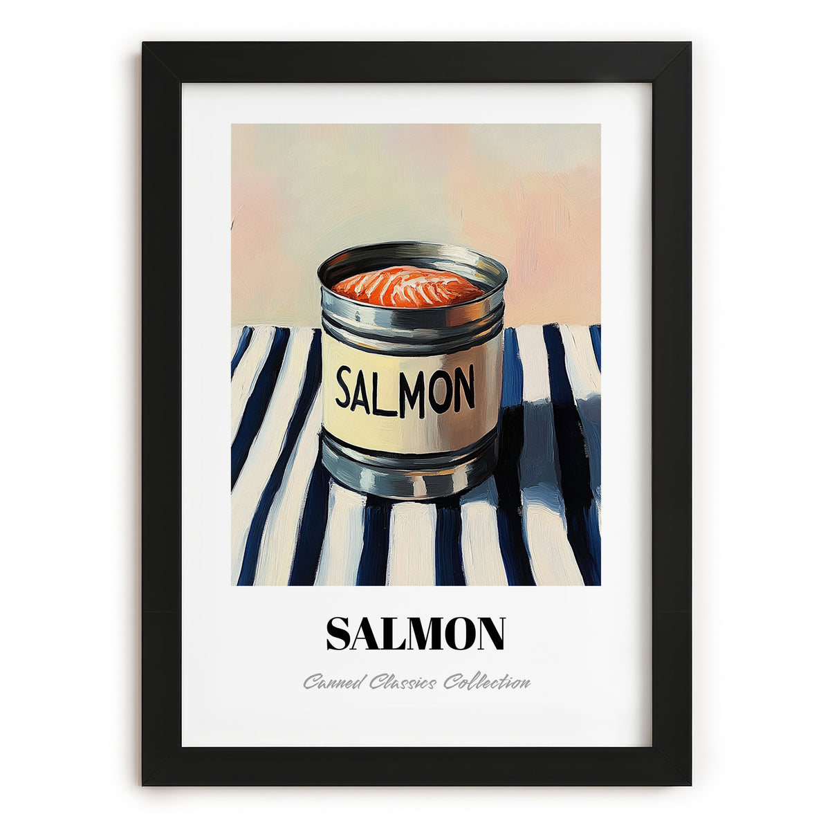 Salmon – on Striped Tablecloth, Canned Food Illustration, in sleek black frame