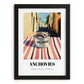 Anchovies – Italian Street Café Scene, Canned Food Print, in sleek black frame