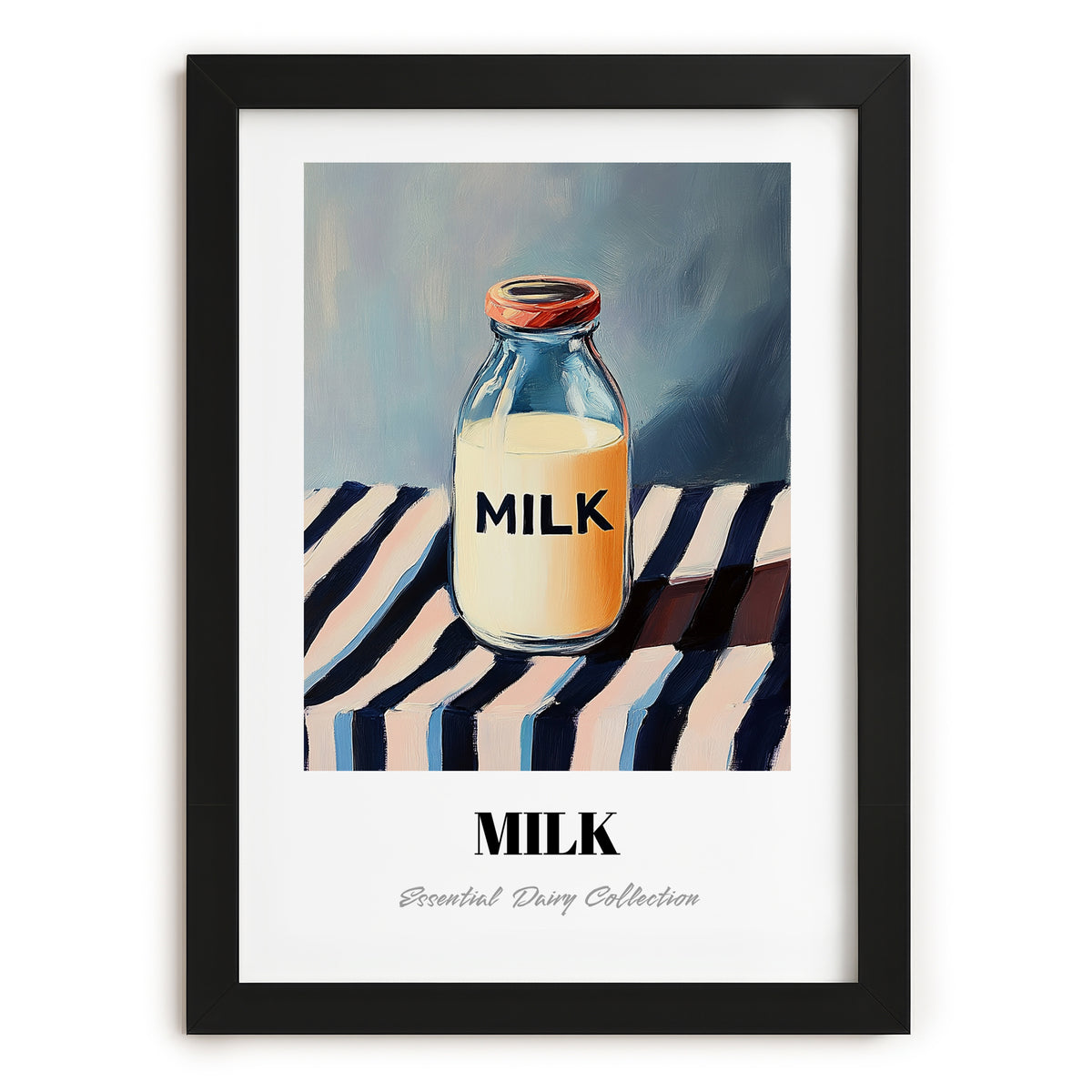 Milk – on Striped Tablecloth, Dairy Painting, in sleek black frame