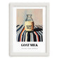 Goat Milk – on Striped Tablecloth, Dairy Art, placed in minimal white frame