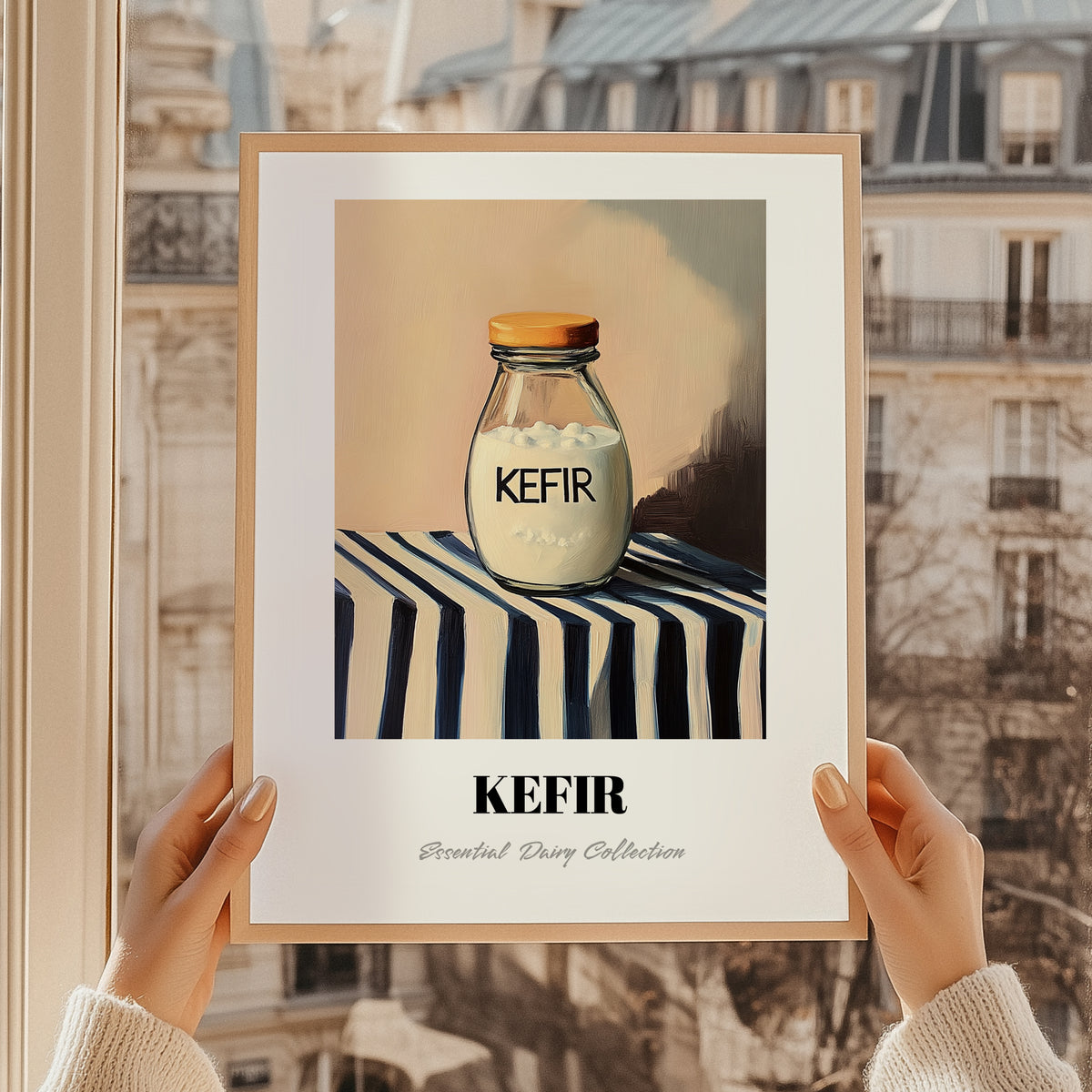 Kefir – on Striped Tablecloth, Dairy Wall Decor, styled in a charming Paris street view