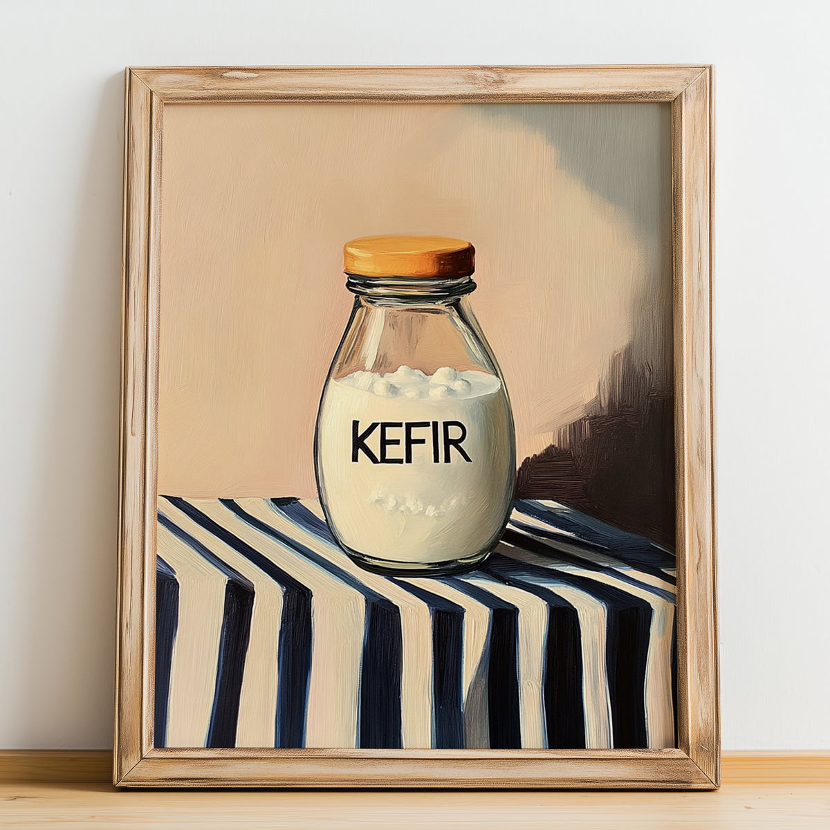 Kefir – on Striped Tablecloth, Dairy Wall Decor, no-text version framed in wood