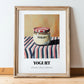 Yogurt – on Striped Tablecloth, Dairy Illustration, in wooden frame leaning on the floor