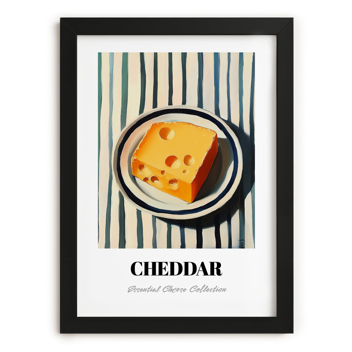 Cheddar – on Striped Tablecloth, Cheese Wall Painting, in sleek black frame