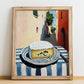 Blue – Italian Café on the Corner, Cheese Wall Decor, no-text version framed in wood