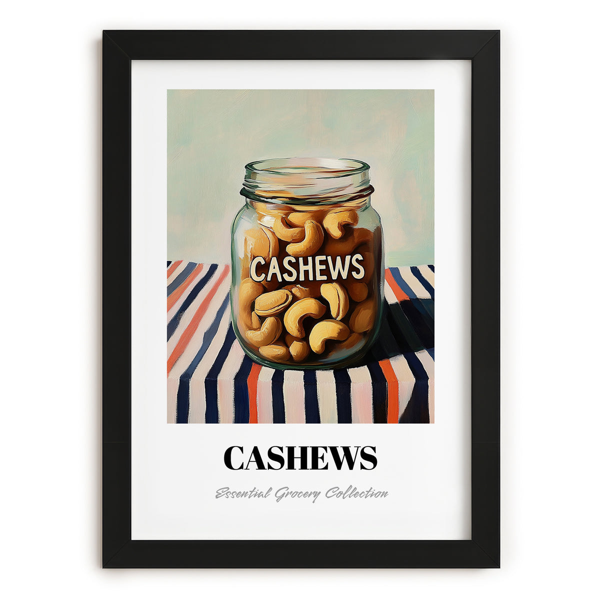 Cashews – on Striped Tablecloth, Nuts Painting, in sleek black frame