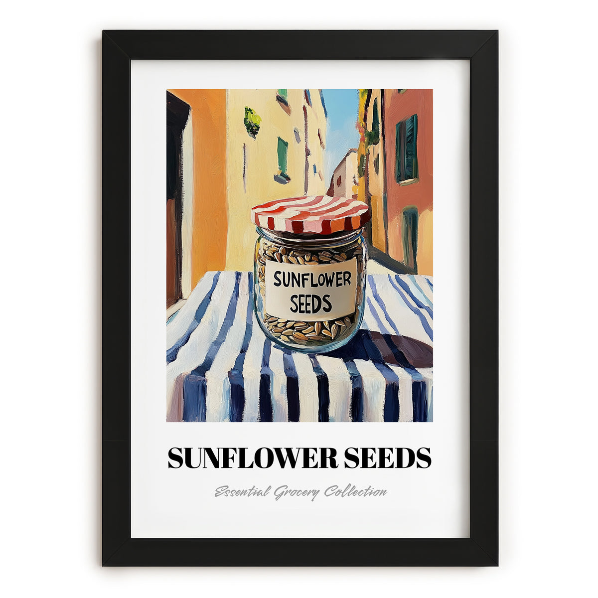 Sunflower Seeds – Italian Café on the Corner, Nuts Illustration, in sleek black frame