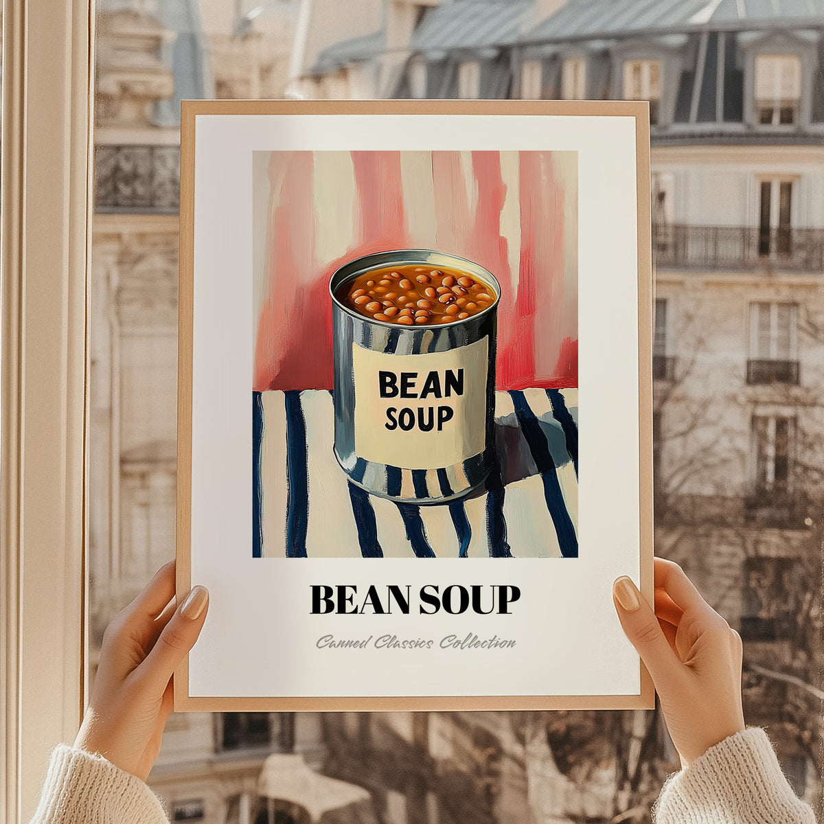 Bean Soup – on Striped Tablecloth, Canned Vegetables Wall Decor, styled in a charming Paris street view