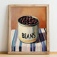 Dark Beans – on Striped Tablecloth, Canned Vegetables Illustration, no-text version framed in wood