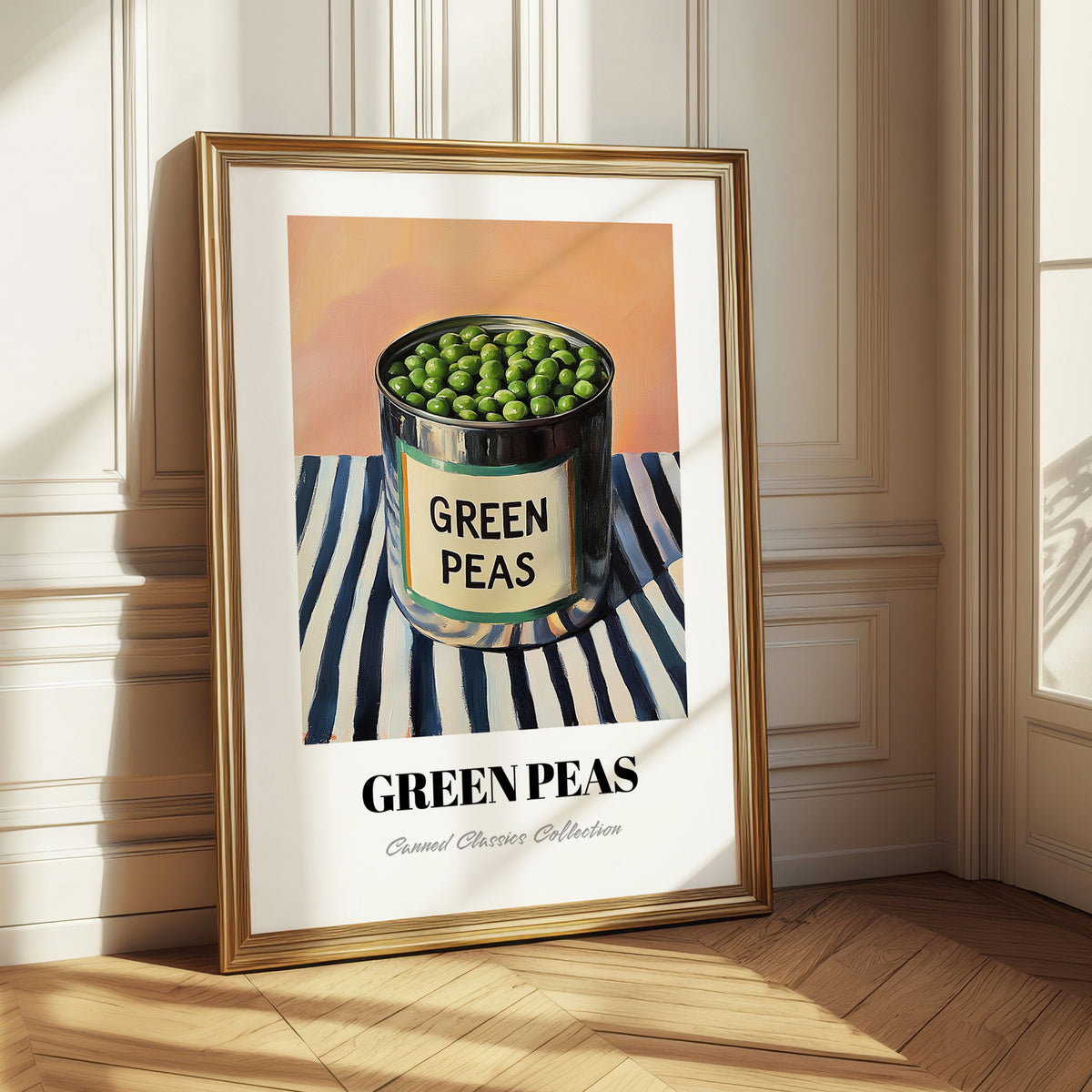 Green Peas – on Striped Tablecloth, Canned Vegetables Poster