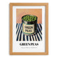 Green Peas – on Striped Tablecloth, Canned Vegetables Poster, set in oak frame
