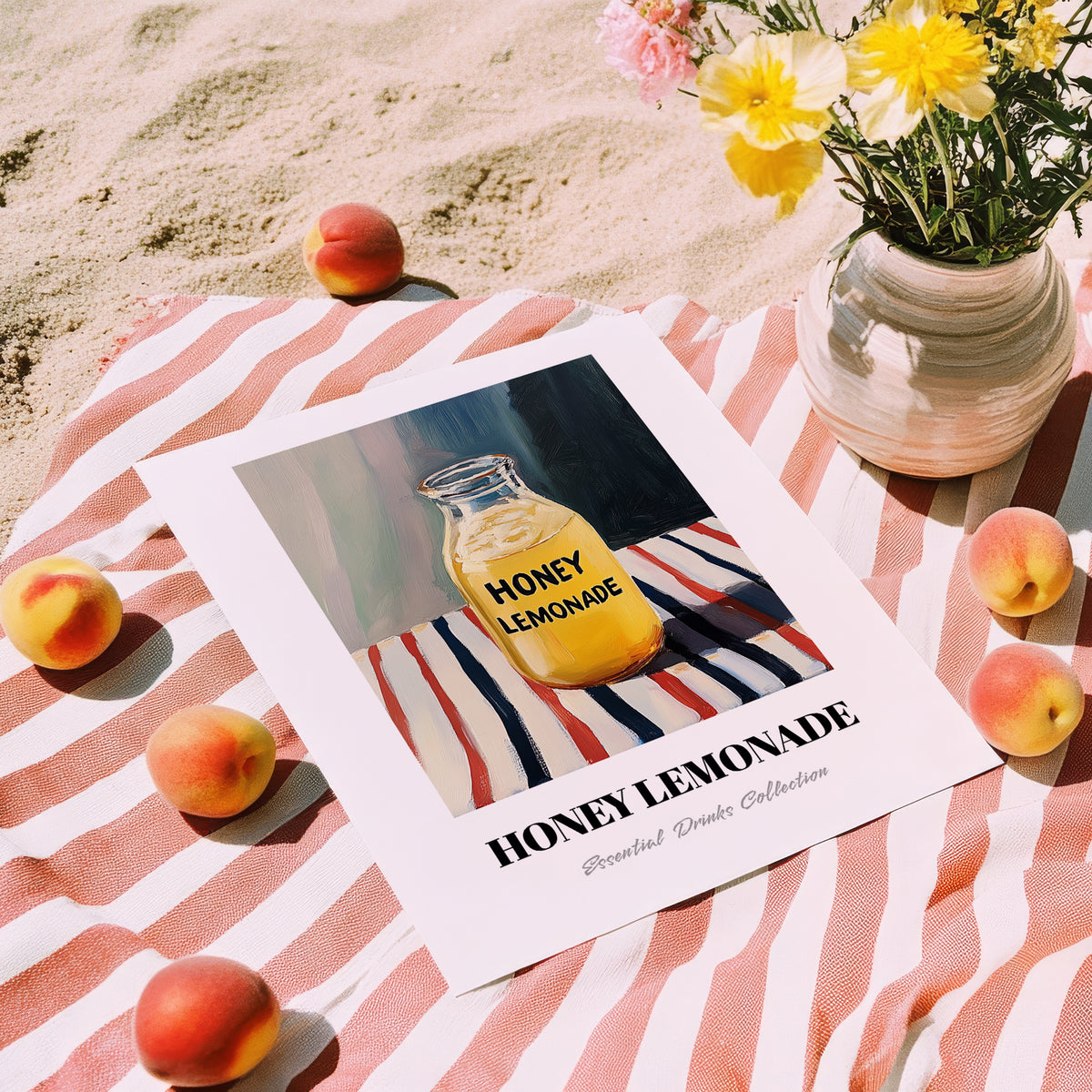 Honey Lemonade – on Striped Tablecloth, Lemonade Illustration, unframed on coastal sand