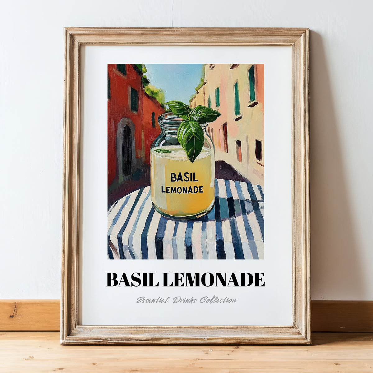 Basil Lemonade – Italian Café on the Corner, Lemonade Wall Painting, in wooden frame leaning on the floor