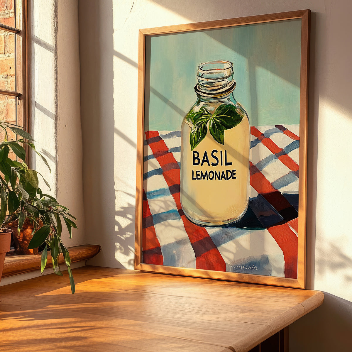 Basil Lemonade – on Striped Tablecloth, Lemonade Illustration, clean layout with no caption