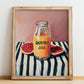 Grapefruit Juice – on Striped Tablecloth, Lemonade Wall Art, no-text version framed in wood