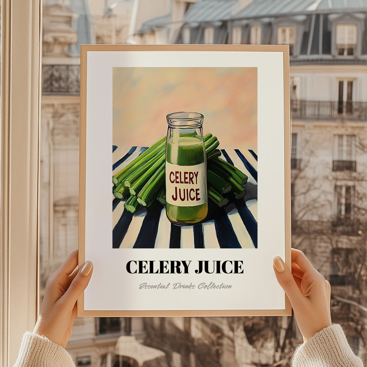 Celery Juice – on Striped Tablecloth, Lemonade Painting, styled in a charming Paris street view