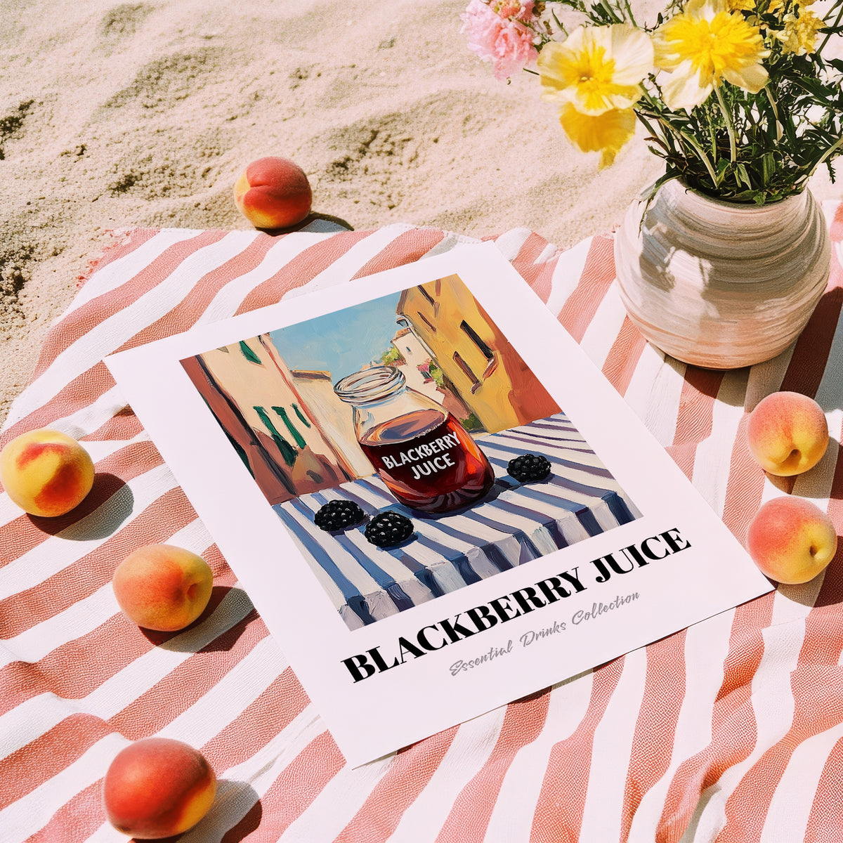 Blackberry Juice – Italian Urban Café Scene, Lemonade Print, unframed on coastal sand