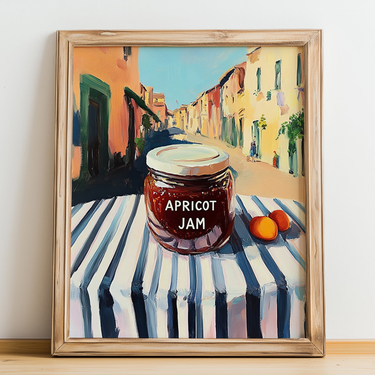 Apricot Jam – Italian Urban Café Scene, Jam Wall Decor, no-text version framed in wood