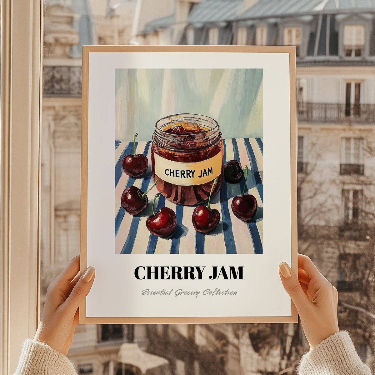 Cherry Jam – on Striped Tablecloth, Jam Art, styled in a charming Paris street view