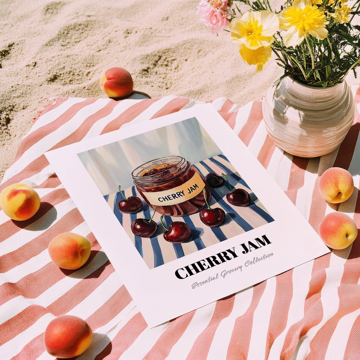 Cherry Jam – on Striped Tablecloth, Jam Art, unframed on coastal sand