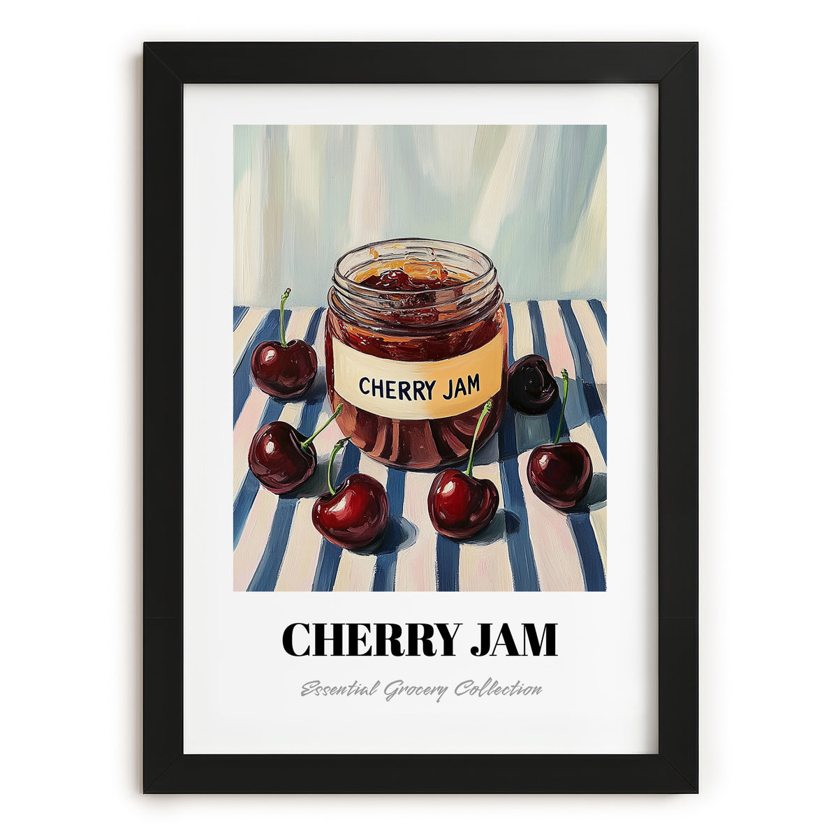 Cherry Jam – on Striped Tablecloth, Jam Art, in sleek black frame