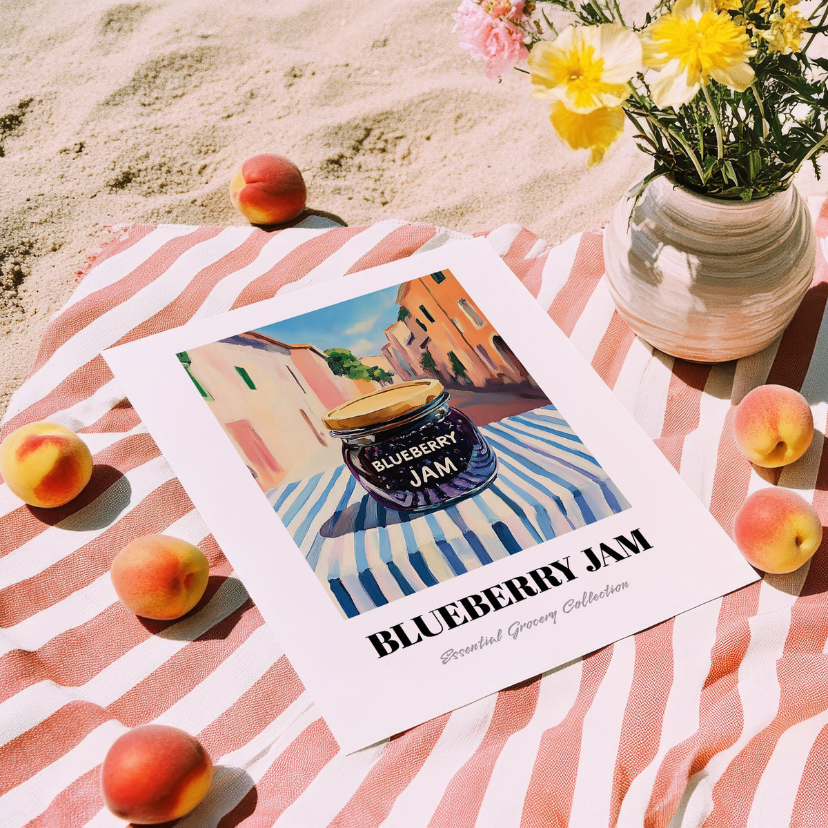 Blueberry Jam – Italian Café on the Corner, Jam Print, unframed on coastal sand