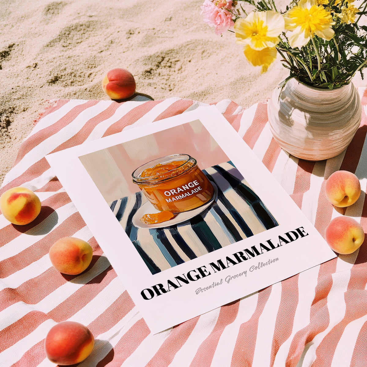 Orange Marmalade – on Striped Tablecloth, Jam Illustration, unframed on coastal sand
