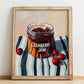 Cranberry Jam – on Striped Tablecloth, Jam Wall Poster, no-text version framed in wood