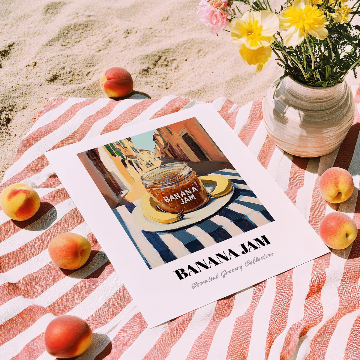 Banana Jam – Italian Outdoor Café Scene, Jam Still Life, unframed on coastal sand