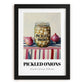 Pickled Onions – on Striped Tablecloth, Canned Vegetables Still Life, in sleek black frame