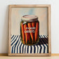 Pickled Carrots – on Striped Tablecloth, Canned Vegetables Wall Decor, no-text version framed in wood