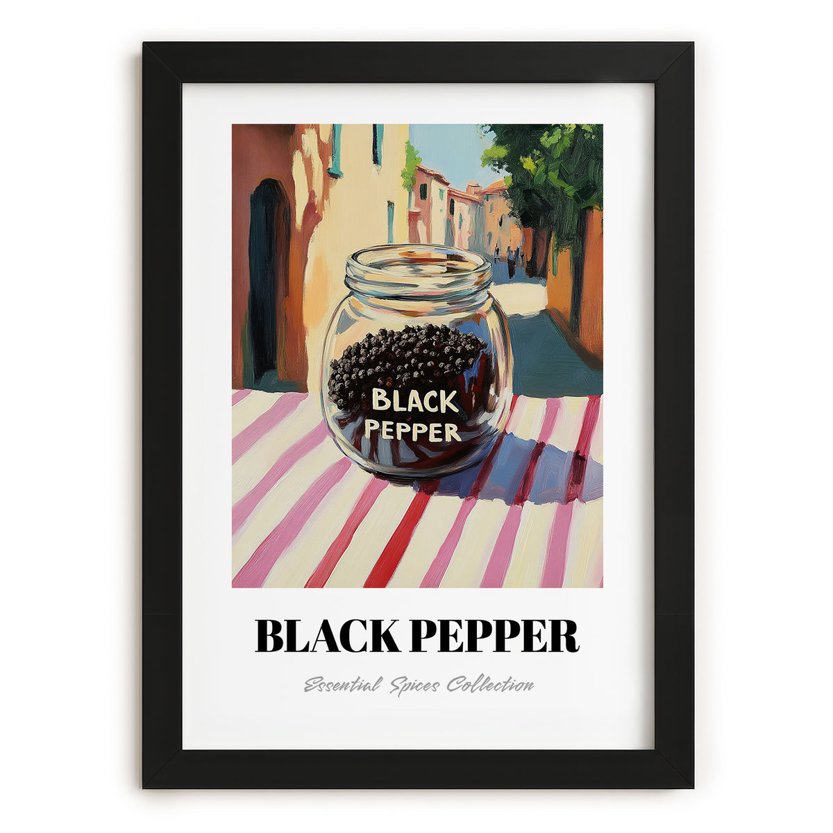 Black Pepper – Italian Outdoor Café Scene, Spices Art, in sleek black frame