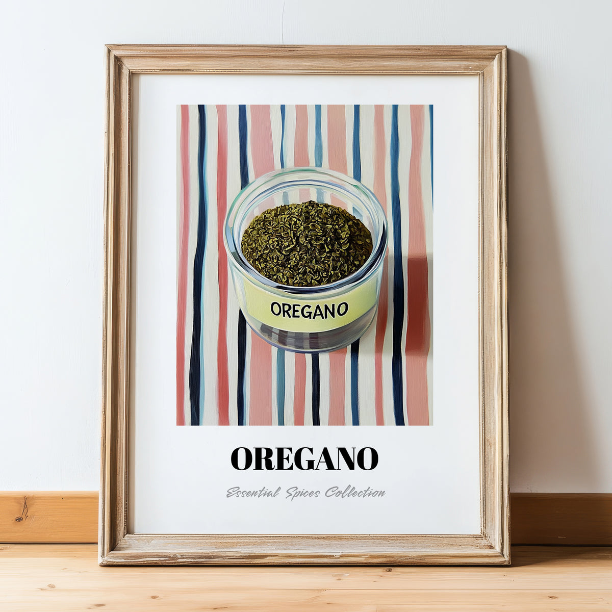 Oregano – on Striped Tablecloth, Spices Wall Decor, in wooden frame leaning on the floor
