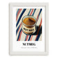 Nutmeg – on Striped Tablecloth, Spices Illustration, placed in minimal white frame