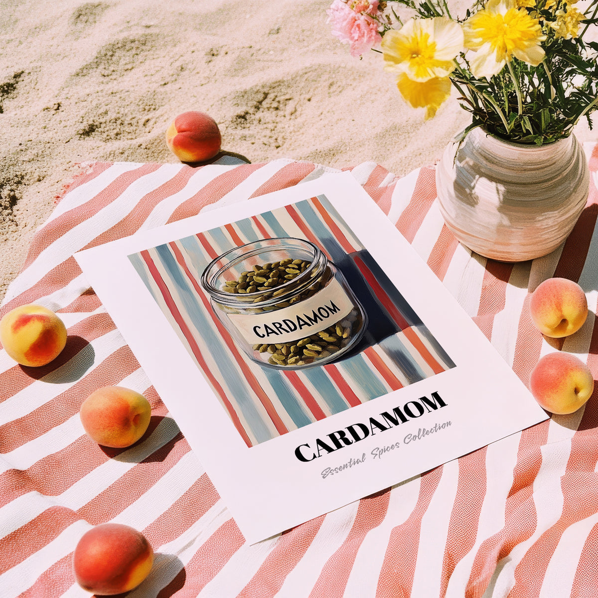 Cardamom – on Striped Tablecloth, Spices Illustration, unframed on coastal sand