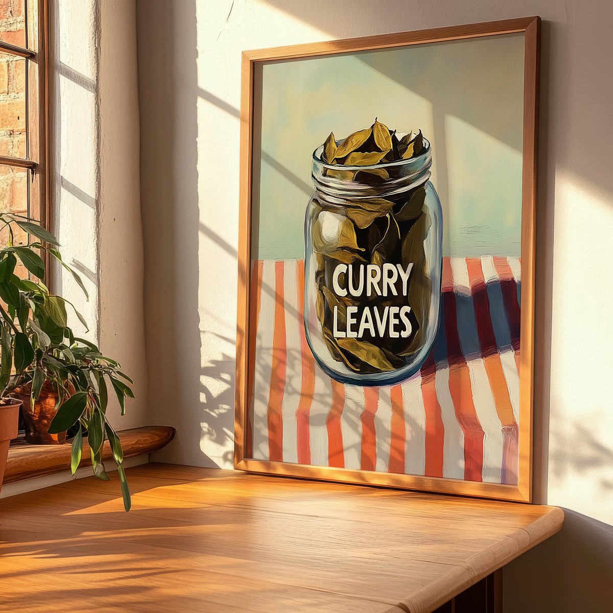 Curry Leaves – on Striped Tablecloth, Spices Wall Decor, clean layout with no caption