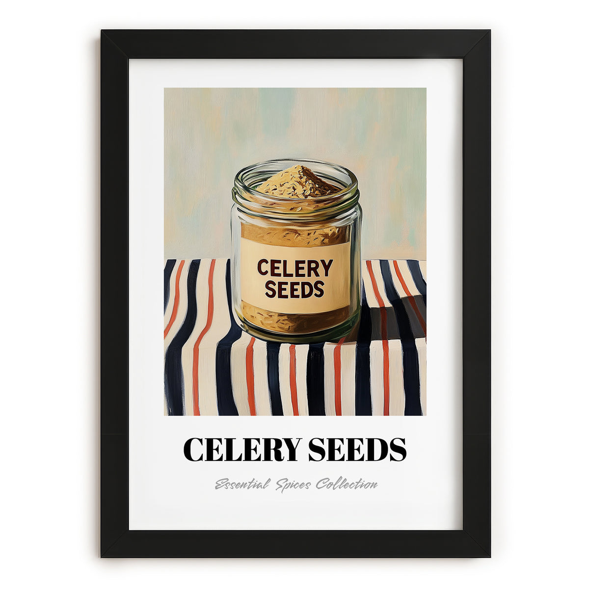 Celery Seeds – on Striped Tablecloth, Spices Print, in sleek black frame