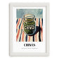 Chives – on Striped Tablecloth, Spices Painting, placed in minimal white frame