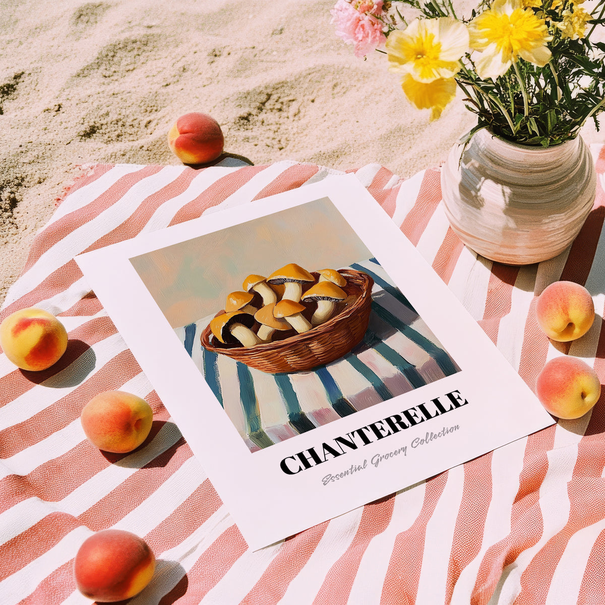 Chanterelle – on Striped Tablecloth, Mushrooms Still Life, unframed on coastal sand