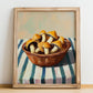 Chanterelle – on Striped Tablecloth, Mushrooms Still Life, no-text version framed in wood