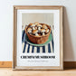 Cremini Mushroom – on Striped Tablecloth, Mushrooms Painting, in wooden frame leaning on the floor