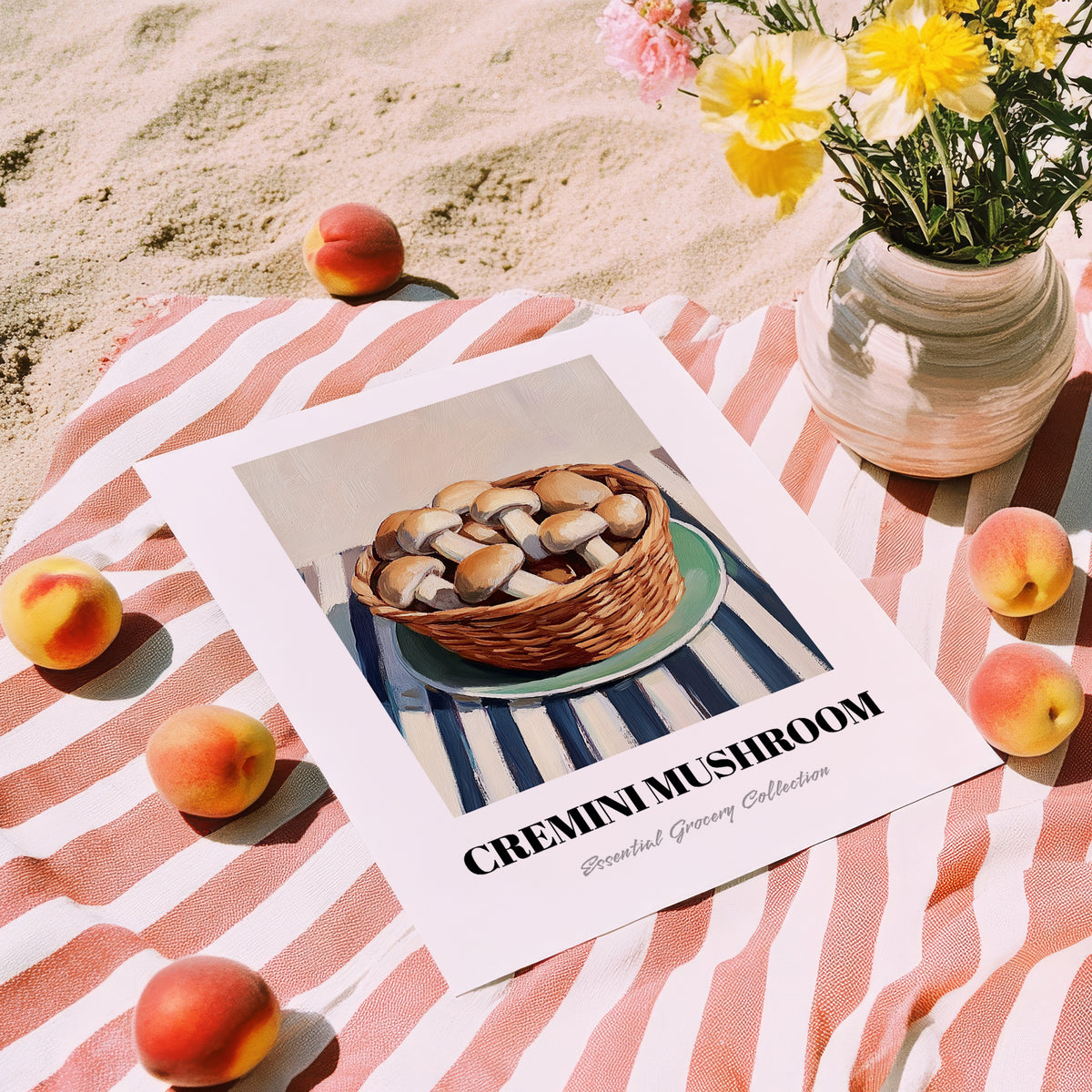 Cremini Mushroom – on Striped Tablecloth, Mushrooms Painting, unframed on coastal sand