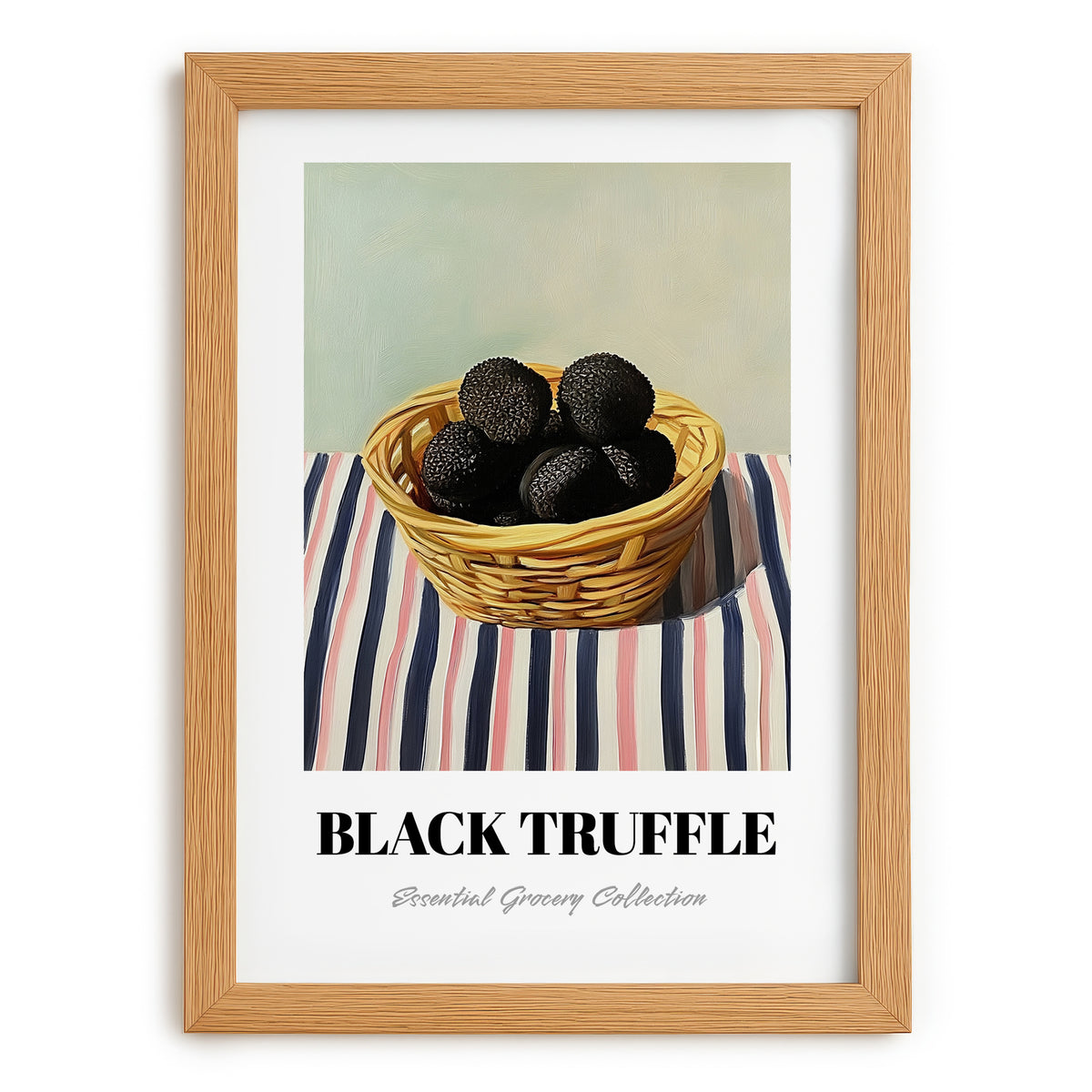 Black Truffle – on Striped Tablecloth, Mushrooms Still Life, set in oak frame