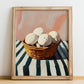 Puffball Mushroom – on Striped Tablecloth, Mushrooms Illustration, no-text version framed in wood